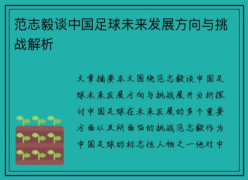 范志毅谈中国足球未来发展方向与挑战解析
