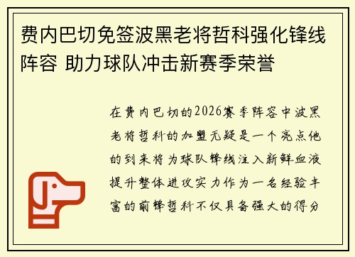 费内巴切免签波黑老将哲科强化锋线阵容 助力球队冲击新赛季荣誉