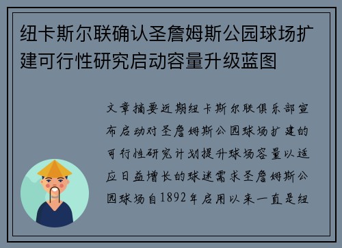 纽卡斯尔联确认圣詹姆斯公园球场扩建可行性研究启动容量升级蓝图